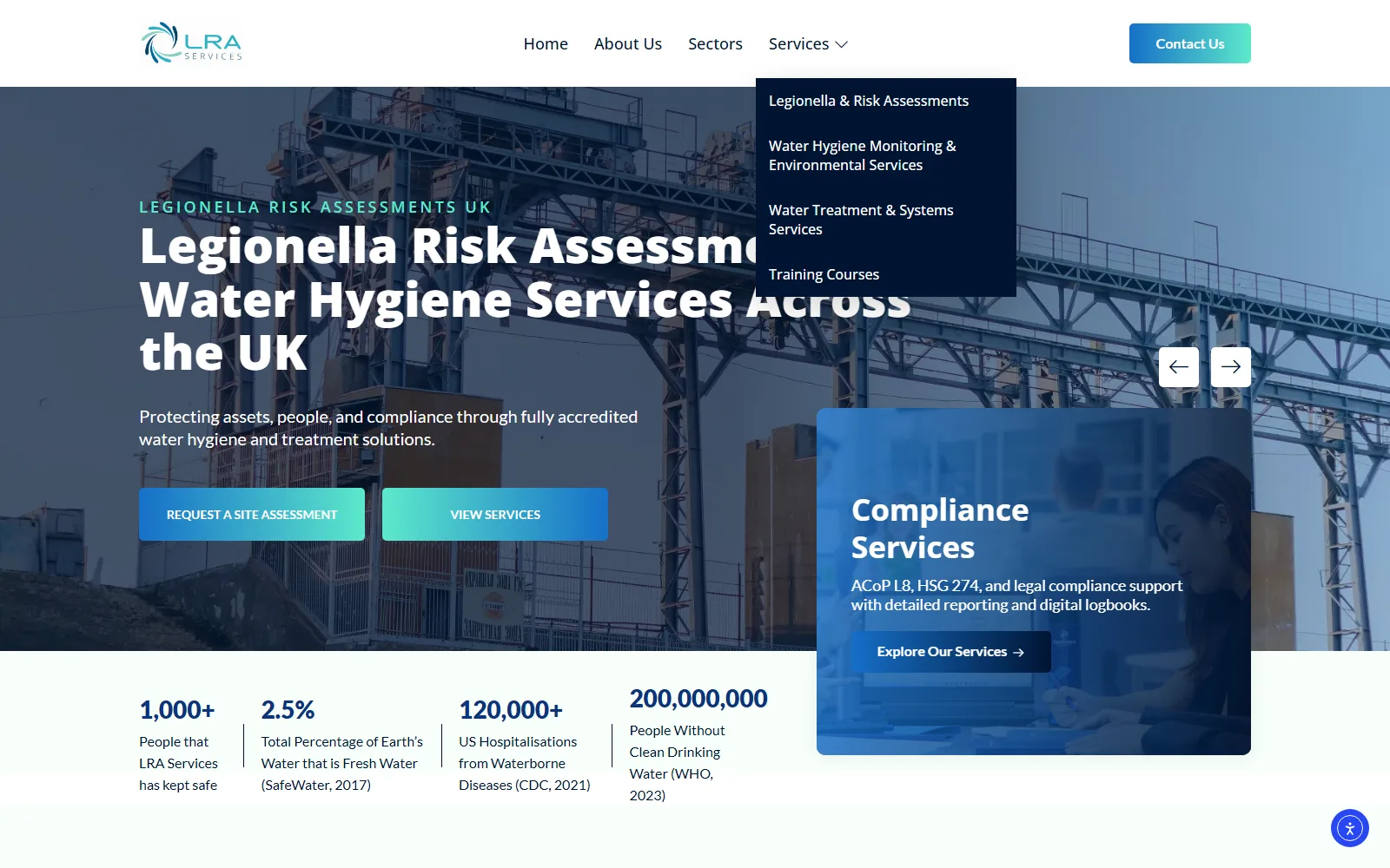 The LRA Services homepage, showing their legionella risk assessment services