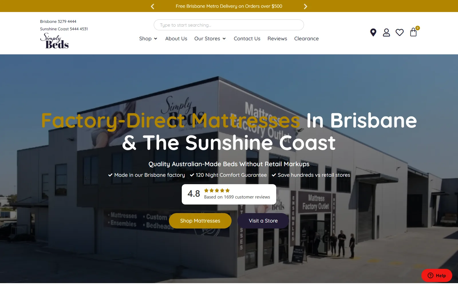 The Simply Beds homepage, showing their factory-direct mattress range